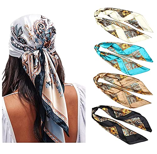 WELROG 4 Pack Pañuelos Cabeza Mujer - 90 * 90 cm Bandanas Grandes Pañuelos Cuadrados como seda Bufanda de pelo Mancha Diadema para Niñas (Serie 3)