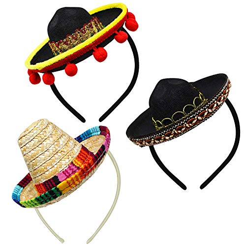 AMZBY 3 Cinco de Mayo Fiesta Sombreros Cintas para el Cabello, Telas y Sombreros de Paja Cintas para la Cabeza, Decoración Mexicana para Fiestas Accesorios fotográficos
