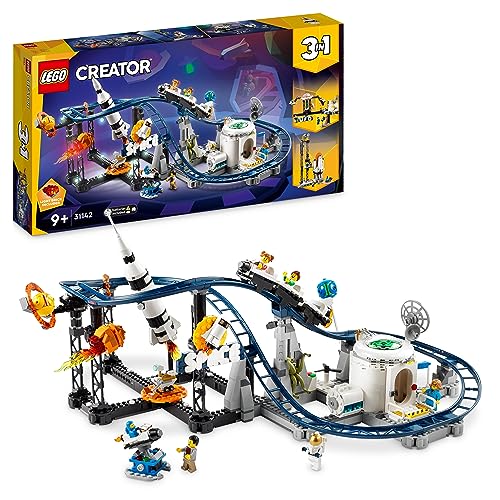 LEGO Creator 3-en-1 Montaña Rusa Espacial, Torre de Caída Libre o Tiovivo, Maqueta de Parque de Atracciones, Juguete de Construcción con Cohete Espacial, Planetas y Ladrillos Luminosos 31142