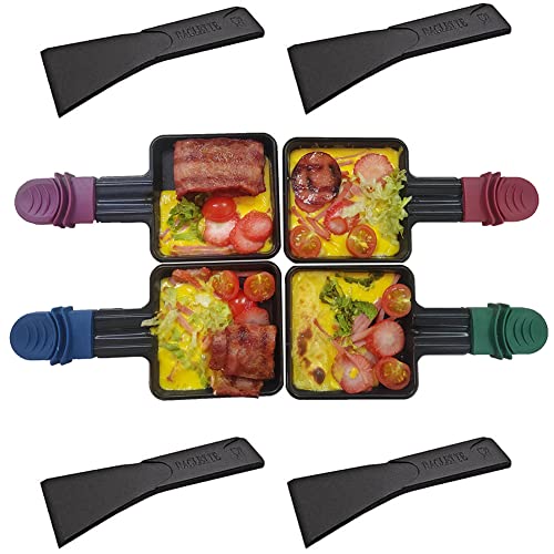 QcuGvy 4 Sartenes Pequeñas para Raclette Grill con 4 Espátulas para Raclette y Revestimiento Antiadherente Accesorios para Raclette Mango de Color Aislado (Cuadrado)