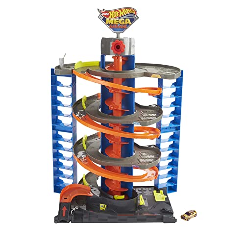 Hot Wheels City Mega garaje, pista de coches de juguete con almacenamiento de vehículos (Mattel HFH03)