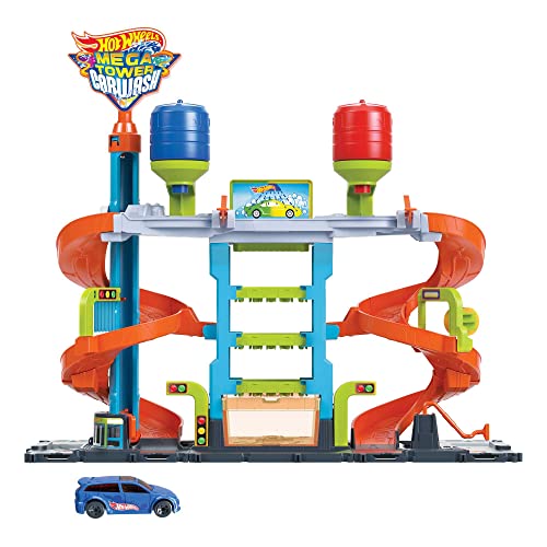 Hot Wheels City Mega torre lavado de coches Pista para vehículos de juguete para jugar con agua, regalo +4 años (Mattel HDP05)