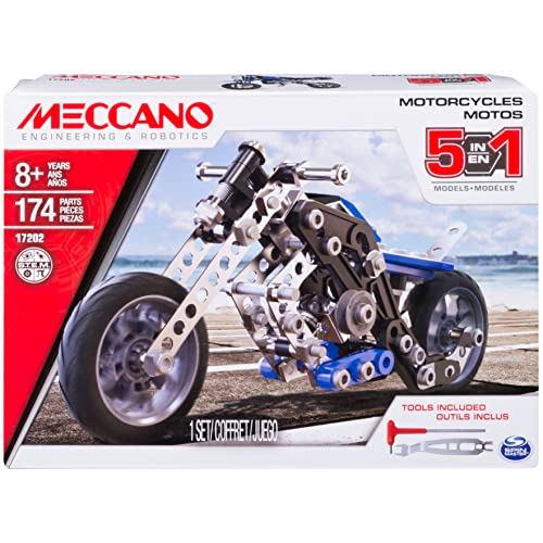 Meccano by Erector, 5 in 1 Model Building Set - Motorcycles, Stem Engineering Education Toy, 174 Pieces, For Ages 8 and up