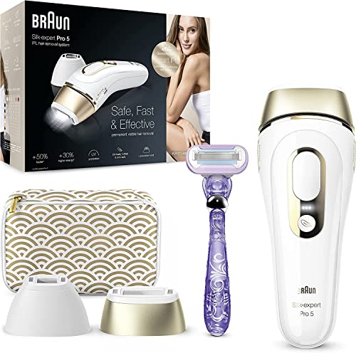 Braun IPL Silk-Expert Pro 5, Depilación en casa con bolsa, cabeza de precisión y maquinilla de afeitar Venus, alternativa para depilación láser, regalo para mujeres, blanco/dorado, PL5137