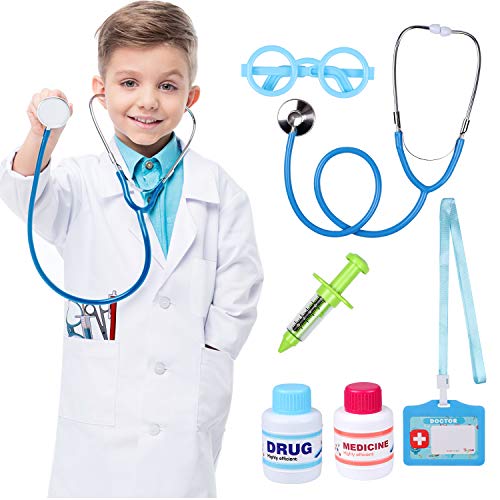 Tacobear 7 Piezas Juguete de Médico para Kit para Hacer de Doctor Maletín de Médico con Disfraz de Doctor, Estetoscopio y Jeringa de Juego de Roles Cumpleaños Regalos para Niña Niños