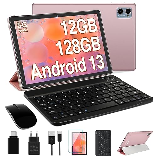 Oangcc 2023 Tablet 10 Pulgadas Android 13 OS Tablet, 12 GB RAM+128 GB ROM(TF 1TB), 5G+2.4G WiFi, 8 Core 2.0 GHz, BT 5.0, Widget, 6000 mAh, 5+8MP, Certificada GMS Tableta con Teclado + Funda -Oro Rosa