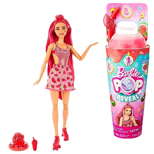 Barbie Pop! Reveal Serie Frutas Sandía Muñeca que revela sus colores con vaso, incluye ropa, mascotas y accesorios sorpresa, juguete +3 años (Mattel HNW43)