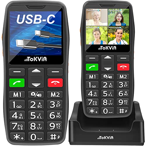 TOKVIA Teléfono Móvil para Mayores, Botones y Teclas Grandes, Base Cargadora, Botón SOS, Fácil de Usar, Configuración Remota, USB-C, Teléfono con Pantalla a Color T102