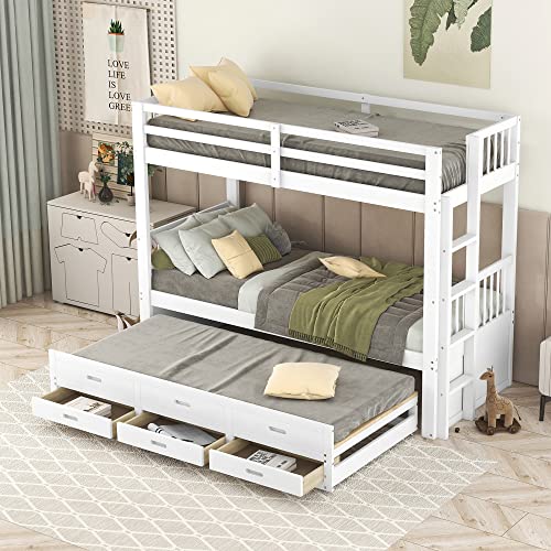 Idemon Litera de 90 x 200 cm, cama infantil, cama de casa para niñas y niños, estructura de cama de pino y tablero de fibra de densidad media con escalera y cama extraíble y 3 cajones, color blanco