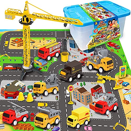 RuiDaXiang Juegos de Juguetes para vehículos de construcción de ingeniería, con tapete Play Ciudad, Camiones de Juguete, Juego de Juegos Mini Pull Back Cars