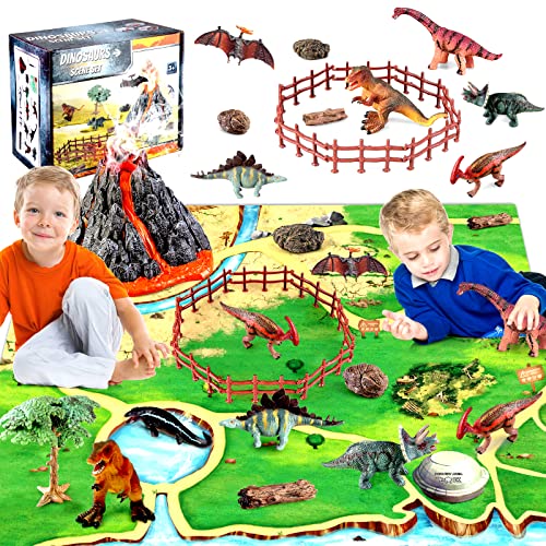 Figuras de volcán de dinosaurio juguete con tapete de juego, figuras educativas realistas de dinosaurios con volcán, piedra y árbol Dino World Playset regalos de fiesta para niños y niñas