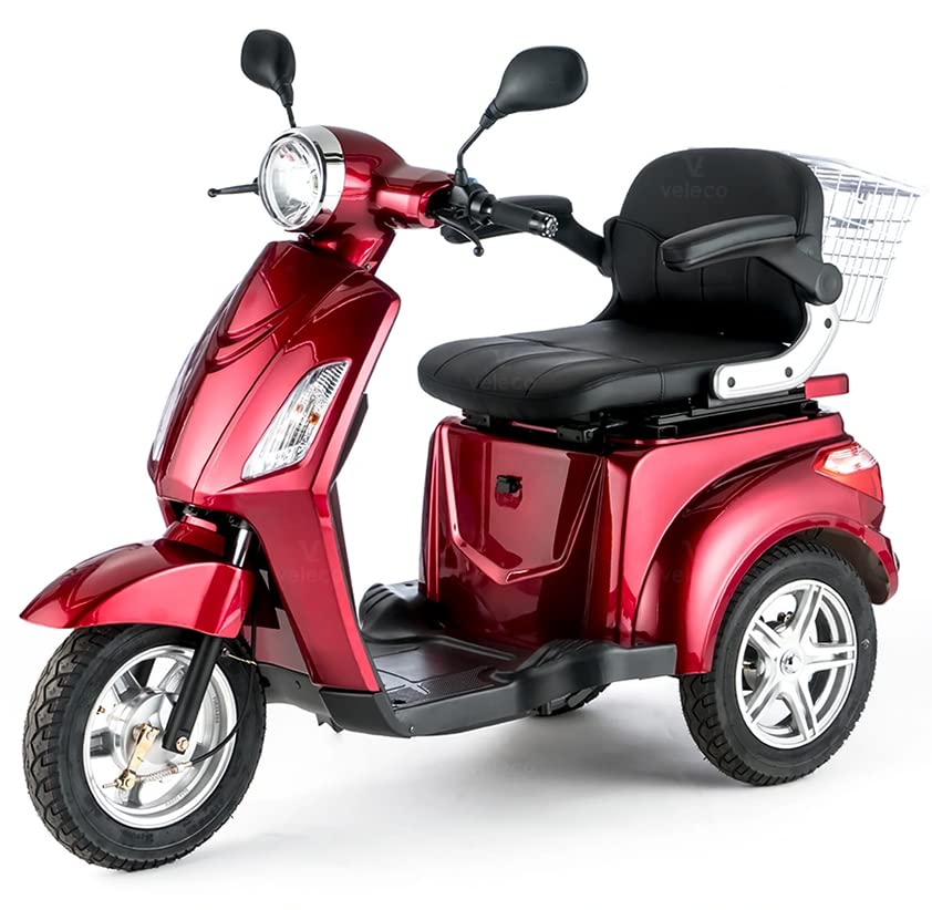 VELECO ZT15 - Scooter de 3 ruedas para inválidos y mayores - Estable, cómodo y seguro - Alarma, bocina - Se entrega completamente montado y listo para usar (ROJO)