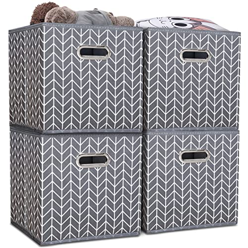 VIPNAJI Cajas de almacenamiento de tela, con forma de cubo, plegables, con ojales metálicos, Cubos de almacenamiento plegables, Cajas organizadoras en Tela, 4 unidades - gris