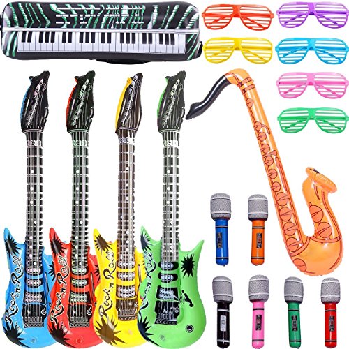 GuassLee Inflables Rock Star Toy Set - 18 Pack Inflatable Party Props - 4 Guitarras inflables, 6 micrófonos, 6 persianas sombreadoras, 1 saxofón y 1 Inflable Teclado Piano Inflatable Party Toys