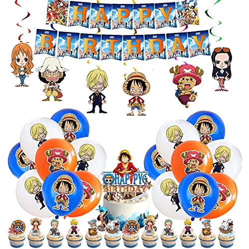 Decoración de Cumpleaños One Piece Globos Pancarta de Feliz Cumpleaños Decoracion Tarta Adornos de Remolinos Colgantes para Niños Anime Artículos de Fiesta de Cumpleaños Temáticos