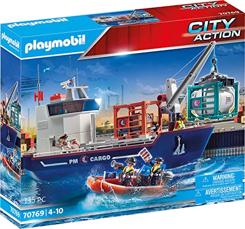 PLAYMOBIL City Action 70769 Buque portacontenedores con Barco aduanero, Flotante, A Partir de 4 años