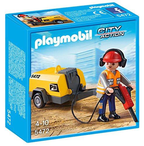Playmobil Construcción - Obrero con Martillo eléctrico, Juguete Educativo, Negro, Naranja, Rojo, Amarillo, 15 x 5 x 15 cm, (5472)
