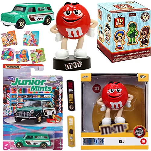 Plain Red Icon Minis Retro Brands M and M Figure Pop Bundled with Mystery Minis Ad Icons & Coated Metal MM's Character + Junior Mint Car + Candy Land Stickers 4 Items
